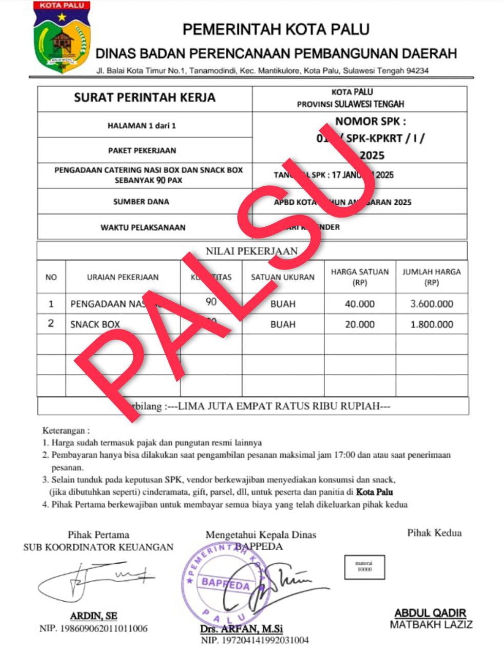 Penipuan ! Orderan Palsu Catut nama Bappeda Palu.